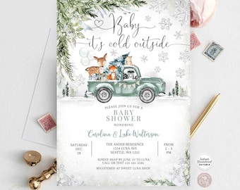 Editable Winter Woodland Green Sage Truck Baby Shower Invitation Gender Neutral Baby It's Cold Outside Invite Instant Download 1319V4