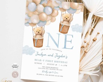 Modificabile TWIN BOYS 1 ° ragazzo Teddy Bear Mongolfiera Invito di compleanno Beary 1 ° compleanno Invito Stampabile Download istantaneo 905K1 (1-1)