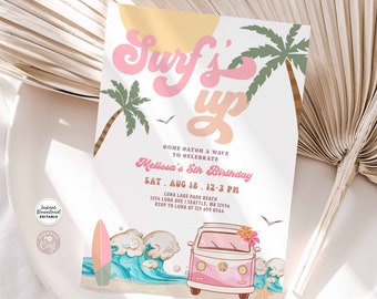 May include: A pink and white invitation with a surfboard and a pink van with flowers on the front. The text on the invitation says "Surf's Up" and "Come catch a wave to celebrate Melissa's 5th Birthday".