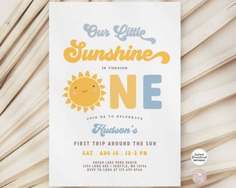 Editable Boy First Trip Around the Sun Birthday Invitation Little Sunshine Birthday Party Invite Instant Download 948K1 (1)