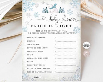 Editable Winter Blue Snowflake Boy Polar Bear Baby Price Is Right Game Baby Shower Games Digital Printable Instant Download 874V1
