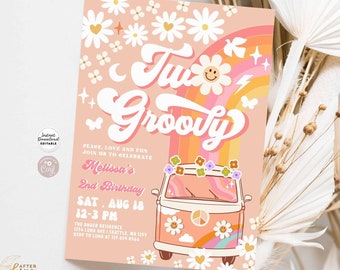 Editable TWO Groovy Girl Pink Peach Van Daisy Rainbow Groovy 2nd Birthday Hippie Party Invitation Template Instant Download 633K6 (2-1)