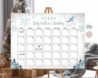 Op de afbeelding: Een afdrukbare babyshower-kalendersjabloon met een winterthema. De kalender bevat een illustratie van een ijsbeer, sneeuwvlokken en de tekst "Guess Baby William's Birthday". De kalender wordt op een ezel weergegeven.