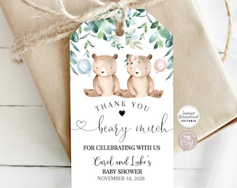 May include: Thank you beary much for celebrating with us Carol and Luke's Baby Shower November 18, 2028. A printable thank you tag with a watercolor illustration of two bears holding balloons, surrounded by greenery.