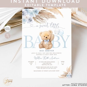 Bewerkbare Blauwe Pampas Grass Sip en Zie Uitnodigen Boy Boho Teddybeer Nieuwe Baby Arrive Uitnodiging Uitnodiging UitnodigingEn Sjabloon Instant Download 904V3 (7)