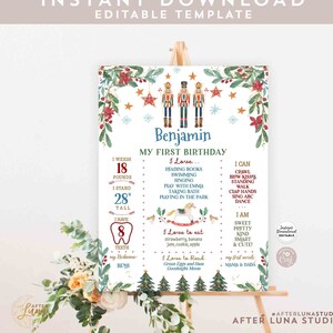 May include: A printable first birthday sign featuring a Nutcracker theme. The sign is decorated with red, green, and blue colors and includes a personalized name, "Benjamin". The sign lists the child's age, weight, height, and other milestones.