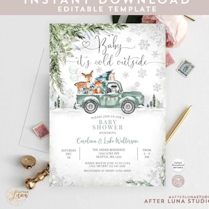 Editable Winter Woodland Green Sage Truck Baby Shower Invitation