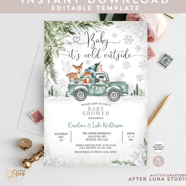 Editable Winter Woodland Green Sage Truck Baby Shower Invitation Gender Neutral Baby It's Cold Outside Invite Instant Download 1319V4
