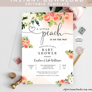 Editable A Little PEACH is on the Way White Floral Peach Couples Baby Shower Invitation Invites Template Instant Download 256V1 (1)