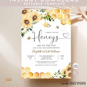 Editable Sunflower Bee Twin Triplet Honey Baby Shower Invitation Gender Neutral Baby Invite Printable Template Instant Download 846V1 (7)