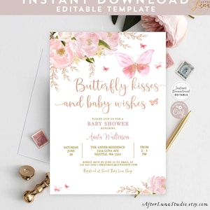 Bewerkbare roze roségouden vlinder kussen en babywensen Drive By babyshower strooi uitnodiging uitnodigingssjabloon 1406 (4)