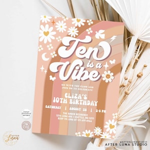 Editable 10th Groovy Birthday Invite Daisy Rainbow Beige Earthy Mauve TEN is A Vibe Hippie Birthday Invitation Instant Download 633K5 (10)
