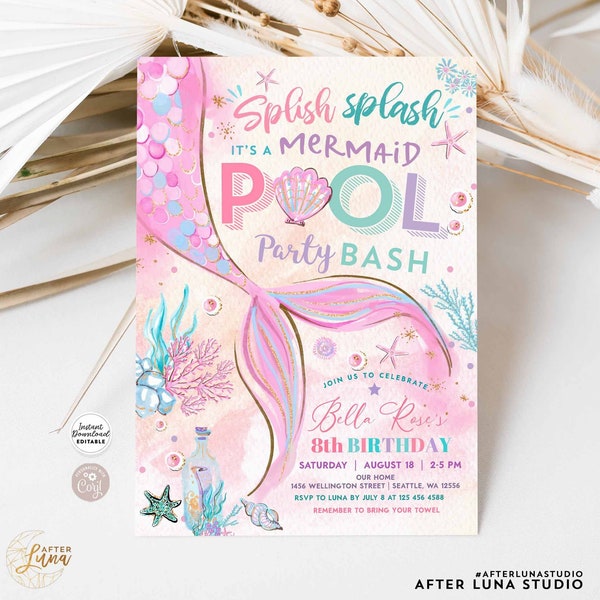 Editable Splish Splash Mermaid Pool Party Invitation Girl Birthday Invite Party Birthday Printable Template Instant Download 1328 (2-1)