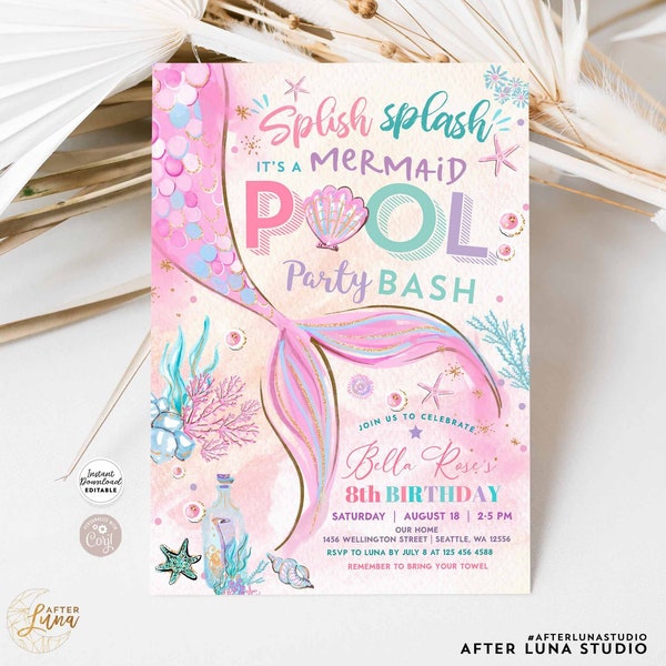 Editable Splish Splash sirena piscina fiesta invitación niña cumpleaños invitación fiesta cumpleaños plantilla imprimible descarga instantánea 1328 (2-1)