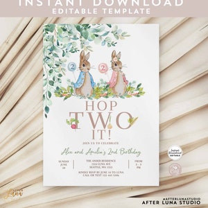 Invito di compleanno modificabile 2° compleanno Hop TWO It Twin Boy Girl Flopsy Peter Rabbit Invito modello stampabile Download immediato 1455K3 (2)