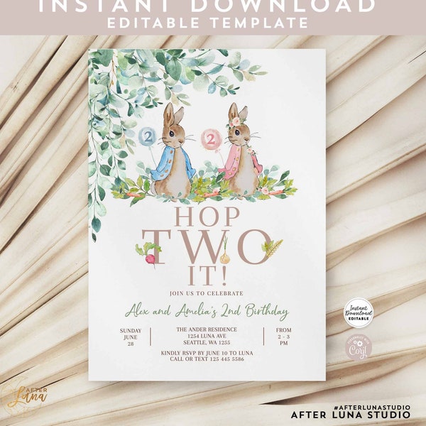 Editable 2nd Birthday Hop TWO It Twin Boy Girl Flopsy Peter Rabbit Birthday Invitation Invite Printable Template Instant Download 1455K3 (2)