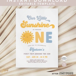 Editable Boy First Trip Around the Sun Birthday Invitation Little Sunshine Birthday Party Invite Instant Download 948K1 (1)