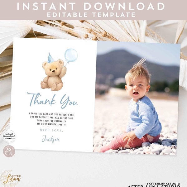 Editable 4x6" Photo Thank You Card Boy Teddy Bear Birthday Blue Balloon Beary 1st Birthday Printable Template Instant Download 904K3