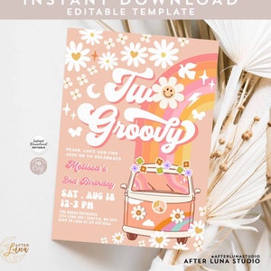 Editable TWO Groovy Girl Pink Peach Van Daisy Rainbow Groovy 2nd Birthday Hippie Party Invitation Template Instant Download 633K6 (2-1)