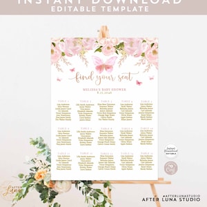 Bewerkbare Blush roze rosé gouden vlinder babydouche strooi bruids doop verjaardag zitplaatsen grafiek sjabloon 18 x 24 Instant Download 1406
