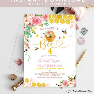 Editable ANY AGE Bee Birthday Invitation Girl Pink Honey Bee So Sweet To Bee Bee Day Birthday Invite Template Instant Download 423KID (3) image 1