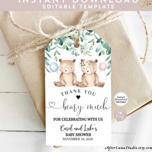 Editable Greenery Teddy Bear Baby Shower Thank You Beary Much Favor Tags Boy Bear Gift Tag Template Instant Download 1432V4