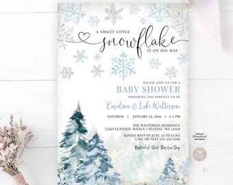 Editable Winter Blue Snowflake A Little Snowflake Baby Shower Invitation Blue Winter Invite Printable Template Instant Download 120V1 (3)