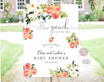 May include: A white baby shower welcome sign with peach and floral watercolor illustrations. The sign reads "A little peach is on the way" and welcomes Elisa and Luckon's baby shower on 10.25.2052. The sign is an instant download and editable template.