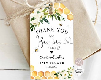 Editable Rustic Honey Bee Bumble Bee Baby Shower Thank You for Being Bee-ing Here Gift Tag Tags Printable Template Instant Download 845V1