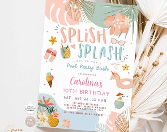 Editable ANY AGE Girl Tropical Splish Splash Pool Party Birthday Invitation Modern Chic Pool Party Invite Instant Download 629K1 (2)