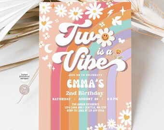 Puede incluir: Una invitación colorida para una fiesta de cumpleaños número 2 con un diseño de arcoíris y margaritas. El texto dice "Two is a Vibe" y "Emma's 2nd Birthday".