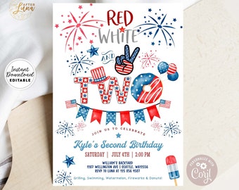 Invitaciones editables en rojo, blanco y dos colores para el 4 de julio. Invitación de cumpleaños para niño. Invitaciones de cumpleaños para el 4 de julio. Descarga instantánea AL1477
