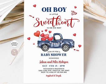 Editable Boy Sweetheart Valentine Baby Shower Invitation Blue Truck Valentine Shower Invitation Template Instant Download 856V1 (1)