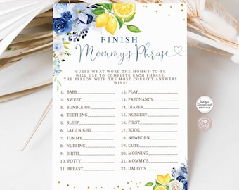 Editable Navy Royal Dark Blue Floral Lemon Finish Mommy's Phrase Game Baby Shower Keepsake Printable Instant Download 157V4