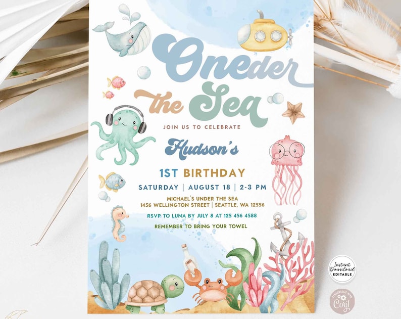 Editable ONEder The Sea Boy Under the Sea First 1st Birthday Party Invitation Whale Sea Turtle Beach Party Invite Instant