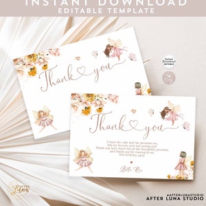 Tarjeta de agradecimiento editable con diseño de hada ruborizada, tarjeta de agradecimiento para fiesta de cumpleaños de hadas, plantilla imprimible, descarga instantánea 858K1