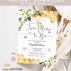 May include: A printable twin baby shower invitation featuring a honeycomb pattern and white flowers. The text reads "Let's shower the Twin Mama to Bee" and includes the date, time, and location of the event.