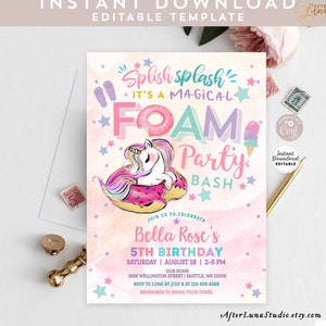 Editable Unicorn Foam Party Invitation Girl Birthday Invite Magical Unicorn Donut Party Birthday Invite Template Instant Download 1348 (2)