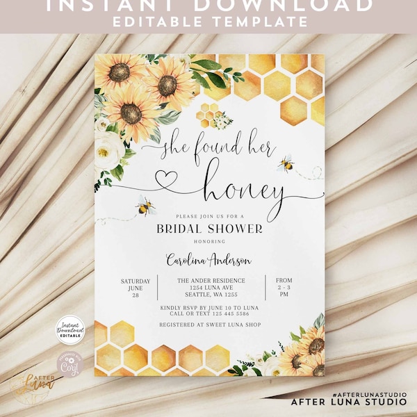 Editable Sunflower She Found Her Honey Rustic Bridal Wedding Shower Invitation Bee Invite Printable Template Instant Download 846BR1 (3)