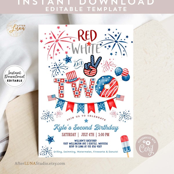 Editable Red White and Two Invitations 4th of July 2nd Birthday Invitation Boy July 4th Birthday Invitation Invites Instant Download AL1477