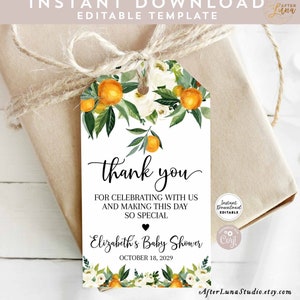 Editable Orange Thank You Favor Tag 3.5x2" A Little Cutie Baby Shower Sprinkle Sip and See Avery 22802 Tag Template Instant Download 248V1