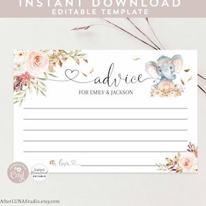Cartão de conselhos para chá de bebê, elefante rosa, abóbora, personalizado, editável, 4x6", modelo editável/download instantâneo 1216V3