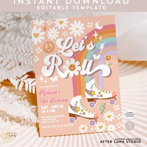 Editable ANY AGE Let&#39;s Roll Retro Groovy Roller Skate Birthday Party Invitation Daisy Rainbow Birthday Invite Instant Download 670K1 (1)
