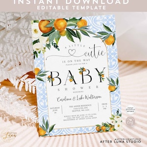 Azul editable Una pequeña monada está en camino Verde Naranja Boho Boy Género Neutral Baby Shower Invitación Invita Descarga Instantánea 249V2 (1)