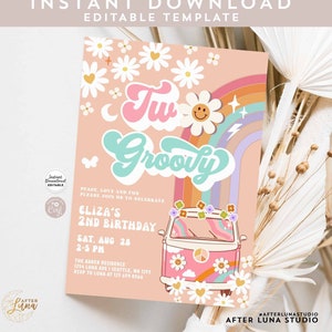 May include: A pink and peach invitation with a rainbow and a groovy van. The text reads "Two Groovy" and "Eliza's 2nd Birthday".