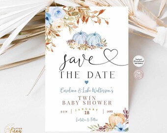 Editable TWINS Fall Blue Pumpkin Baby Shower Sprinkle Save the Date Boy Blue Fall Autumn Baby Shower Template Instant Download 29V8