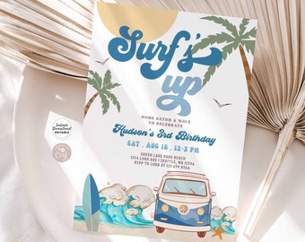 May include: A blue and white invitation with a surfboard and a vintage van. The invitation says "Surf's Up" and is for Hudson's 3rd birthday. The party is at Green Lake Park Beach on 18th August from 12-3 PM.