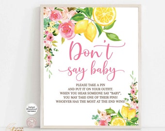 Redigerbar rosa citron babyshower-lek "Säg inte" babyspelskylt utskrivbar rosa citrus mammas huvudlekmall direktnedladdning 157V1
