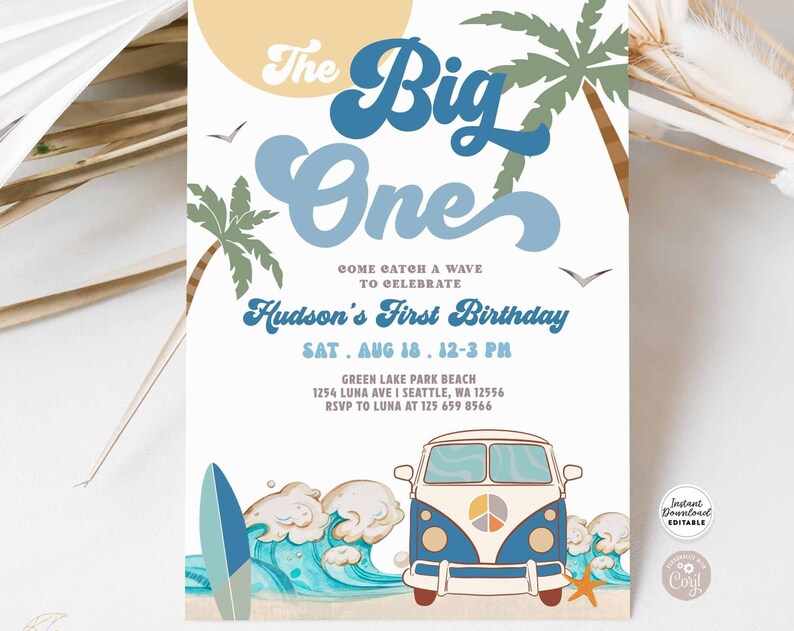 Editable Boy The Big One Surfing 1st Birthday Party Invitation Boy Navy Surf Van Surfboard Beach Party Invite Instant