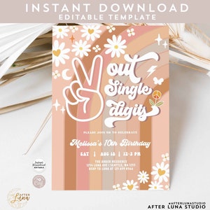 Editable Peace Out Single Digits Invites Fall Groovy 10th Birthday Invite Daisy Rainbow Birthday Invitation Instant Download 633K5 (10-2)